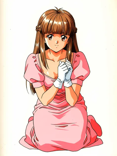 Megumi Mikihara, 1girl ,Alone,gloves, Retro ArtStyle ,1990s (style),brown hair,long hair,dress,bangs,braid,brown eyes,white background,smile,blunt bangs,own hands together,white gloves,simple background,looking at viewer,short sleeves,pink dress,french bra...