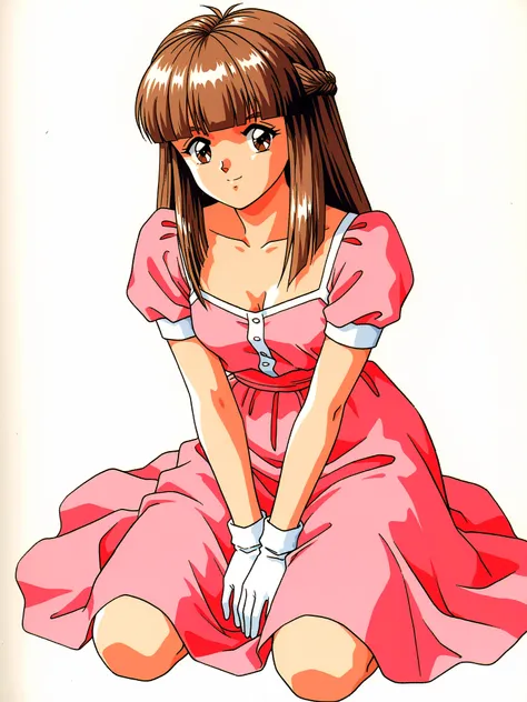 Megumi Mikihara, 1girl ,Alone,gloves, Retro ArtStyle ,1990s (style),brown hair,long hair,dress,bangs,braid,brown eyes,white background,smile,blunt bangs,own hands together,white gloves,simple background,looking at viewer,short sleeves,pink dress,french bra...