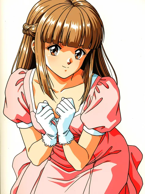 Megumi Mikihara, 1girl ,Alone,gloves, Retro ArtStyle ,1990s (style),brown hair,long hair,dress,bangs,braid,brown eyes,white background,smile,blunt bangs,own hands together,white gloves,simple background,looking at viewer,short sleeves,pink dress,french bra...