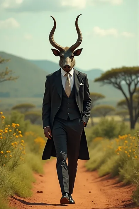  Create a bottom-up, full-body shot of an elegant man walking around wearing a tall hybrid in a suit and boar's head. African scenery in the background of the photo .