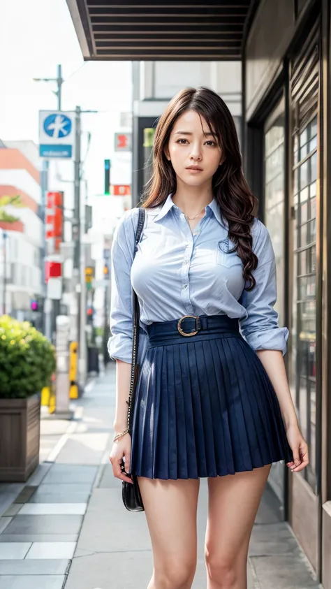 a beautiful 18 year old Japanese high school girl with perfect anatomy, healthy thighs, beautiful legs, beautiful skin, random hair color and style, large breasts, (wearing a Japanese schoolgirl uniform:1.3), (she is standing:1.2), penny loafers, holding a...