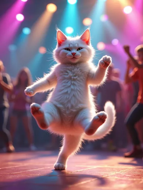 White cat dancing break dance on the dance floor video