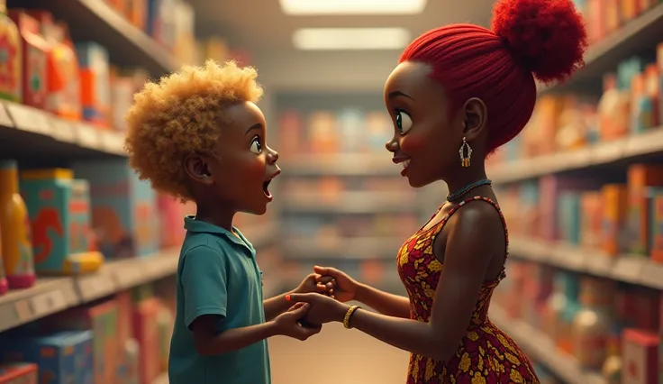 "A young African boy ,dark in color,Julian, with blonde hair and blue eyes. African : Julian, now a little older, throws a tantrum in a toy store because he wants a specific toy. Eleanor (Eleanor, an African woman with red hair and blue eyes,30 years old, ...