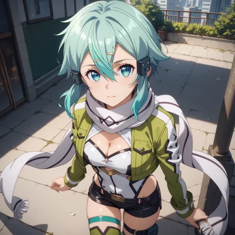 shino asada, hair between eyes, short hair, sidelocks, blue eyes, aqua hair, hair clip, hair ornament, green jacket, cropped jacket, white leotard, thigh strap, black shorts, green thighhighs,cleavage cutout, scarf, Medium chest, thigh gap, glossy skin, gl...