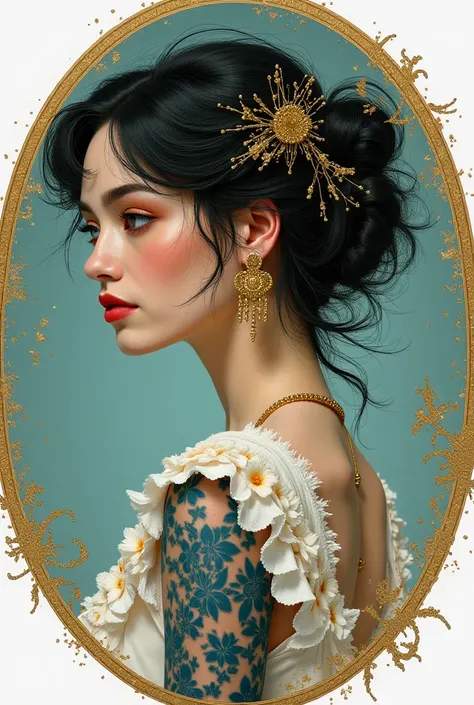 Ethereal fantasy portrait, circular composition, side profile, dark tousled hair, intricate gold hair ornaments, delicate gold earrings, white floral dress, blue tattoo sleeve, soft teal background, golden sparkles, celestial motifs, ornate details, dreaml...