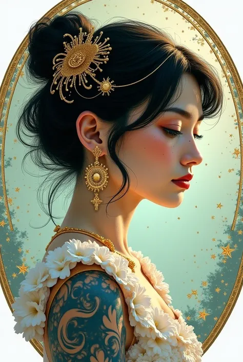 Ethereal fantasy portrait, circular composition, side profile, dark tousled hair, intricate gold hair ornaments, delicate gold earrings, white floral dress, blue tattoo sleeve, soft teal background, golden sparkles, celestial motifs, ornate details, dreaml...