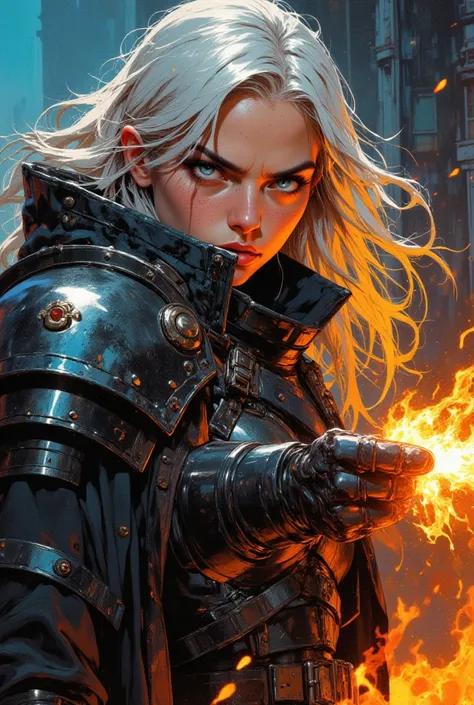 oil painting, girl 20 years old, long ash hair, bright blue eyes, aristocrat, angry, sexy black leather battle suit, defending herself, dynamic pose, epic scene, roaring magic around, fire, portrait, looking straight into the camera, large strokes, dynamic...