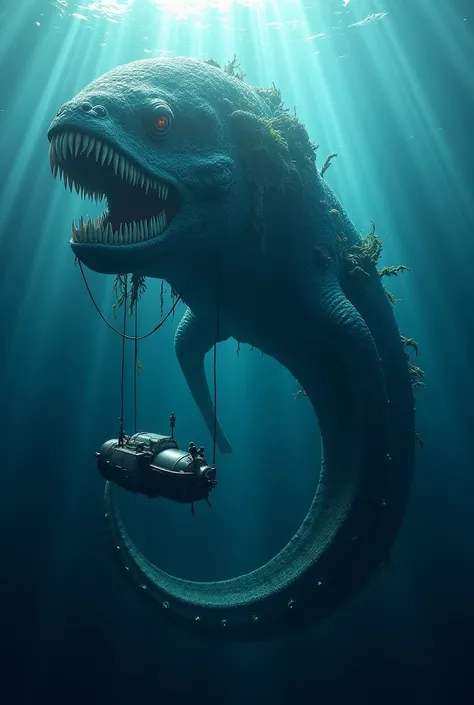 A sea monster being observed by scientists 