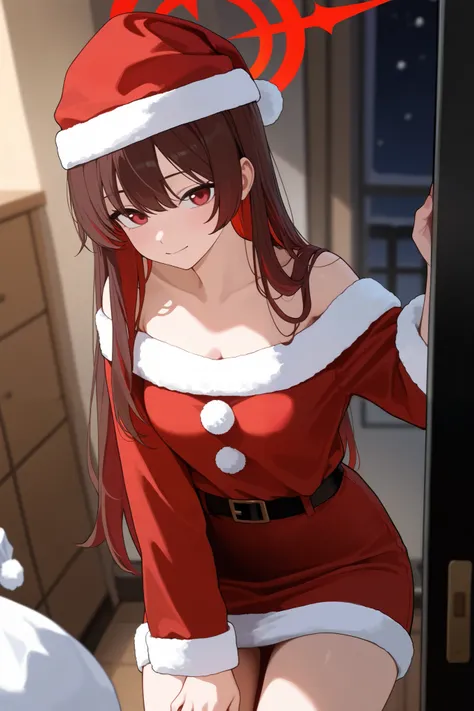 1 girl, Hair length reaches the back, Brown hair and red hair on the edges of the hair, red eyes, but not bright, wear a sexy santa outfit, หน้าอกไซส์ปานกลาง, have a red halo