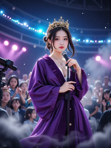 (Vision:1.8)，1girl, concert，(audience:1.5), (Idol stage:1.5)，weekend，Standing on the magnificent idol stage，Wearing a golden crown，Dressed in a royal purple velvet robe，Wearing exquisite jewelry，Under the stage lights，A confident expression，The slim microp...