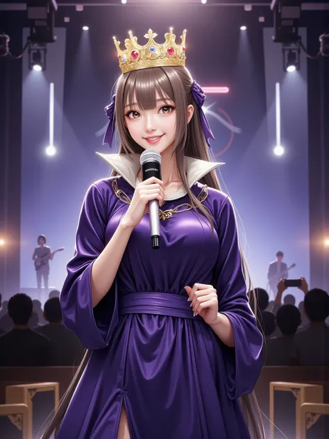 (Vision:1.8)，1girl, concert，(audience:1.5), (Idol stage:1.5)，weekend，Standing on the magnificent idol stage，Wearing a golden crown，Dressed in a royal purple velvet robe，Wearing exquisite jewelry，Under the stage lights，A confident expression，The slim microp...