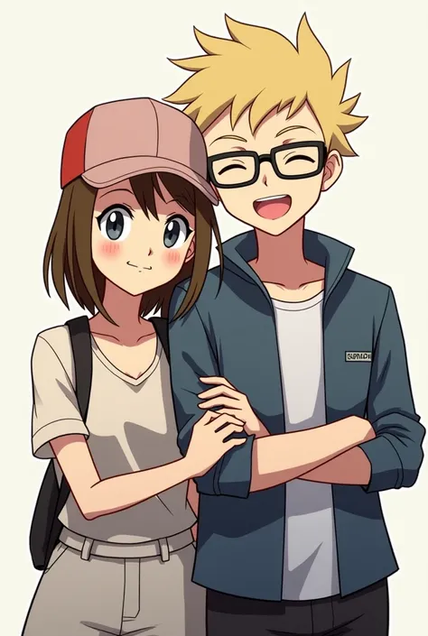 A picture of two adult Pokémon trainers looking at the camera.
A girl with breast-long brown hair.
A boy with really short blond hair.
Make only him wearing glasses