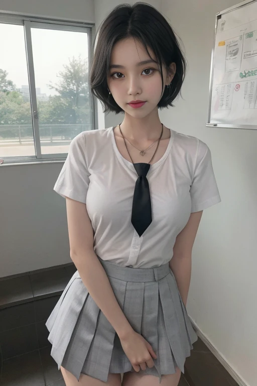 korean school uniform，summer clothes shirt，ribbon tie，white school classroom，school stairs，Chest Thrusting Pose，（big chest），8K RAW photo，High resolution，Cool Japan at ，very big round breasts，Beautiful eyes in detail，long eyelashes，beautiful double eyelids，...