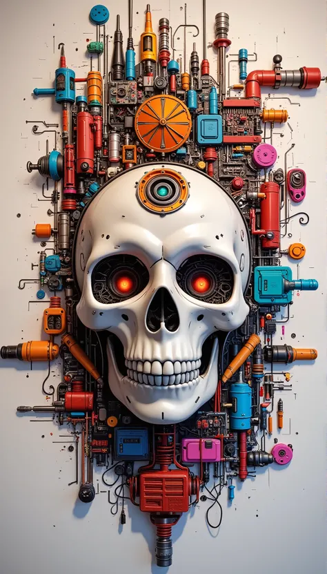 Metallic robotic skull but exposed circuits and intricate instruments dispersed around on the wall like background,2d, hyper realistic, 8k