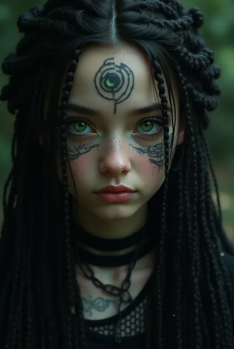 A girl who has a lot of black braids. One eye is green and the other is black. The gender of the face in the tattoo