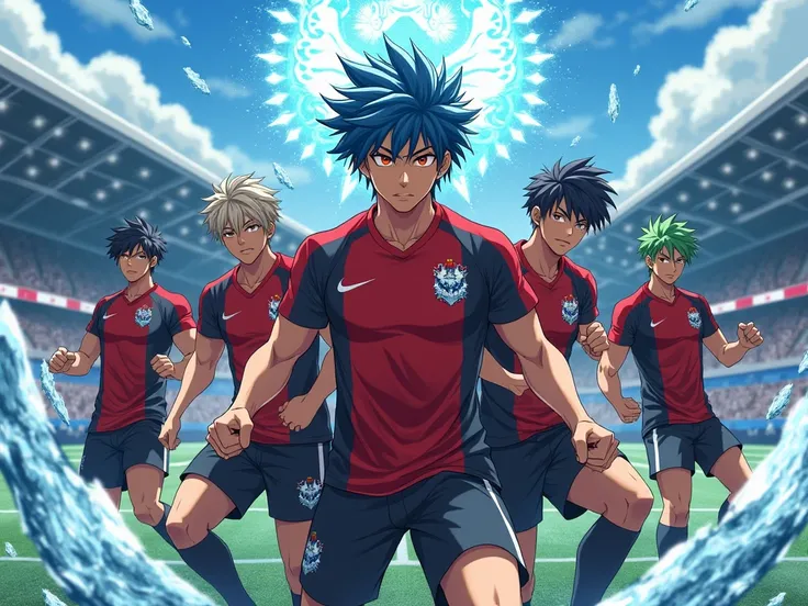 creer moi une equipe de foot garçon adulte joueurs de foot  anime musclé beaux gosse au cheveux herisssé bleu et vert avec des yeux ecarlate et jaune perçant stylé artificiel 
qui ont le même maillot rouge et noir de l'equipe xashi gakuen bavec un symbol d...