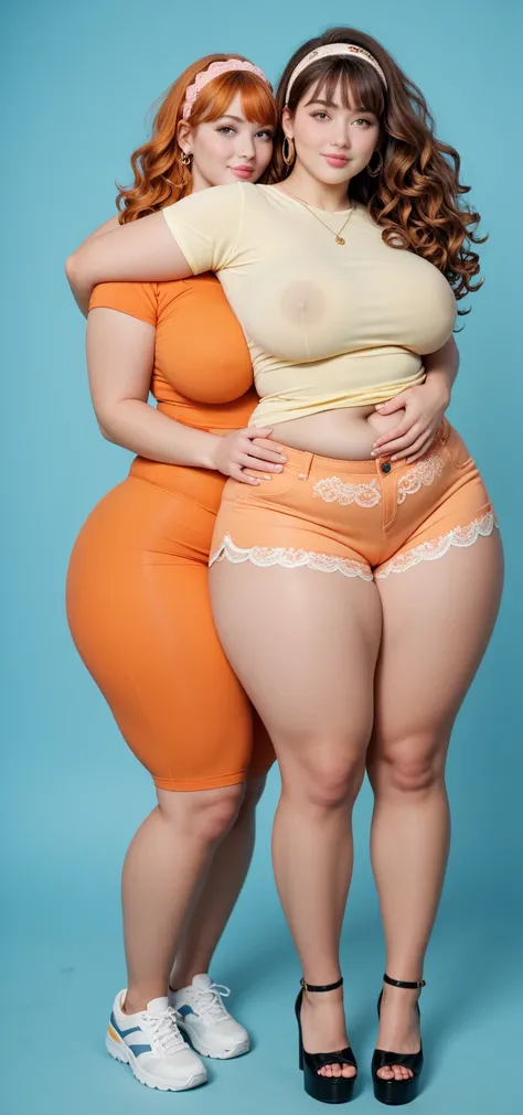 plus size women, full body, 25 years old, voluptuous body, buxom, chubby, big breast, big hips, big thigh, big ass, very beautiful face, pink lips, dark orange hair color, long wavy hair style with bangs, light pink lace headband, gold earring, tight light...