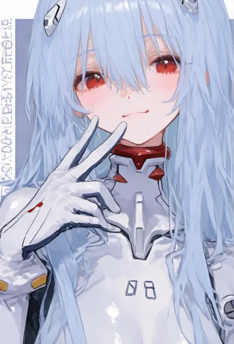    8k wallpaper、 top quality、Cute poster、   top quality、   high detail、   top quality ,    Masterpiece,      748cm style   ,   viewer,  ,      upper body, smile,,         raise your hand      , fingertip 、   v sign、     Neon Genesis Evangelion 、 Rei Ayanam...