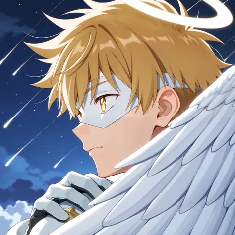 Full pure White hero masked men anime, solo, male focus,white angle uniform,white mask,white eye mask,gloves,angel,1boy,male focus,big white angel wing,angel halo,golden eyes,night sky clouds heaven bankground,inuzuka shuu, blonde,boring,playful, resting o...