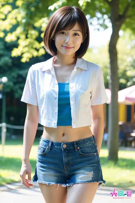 35-year-old Japanese woman with beautiful breasts and short black hair、With an open chest shirt and miniskirt、In the summer park、