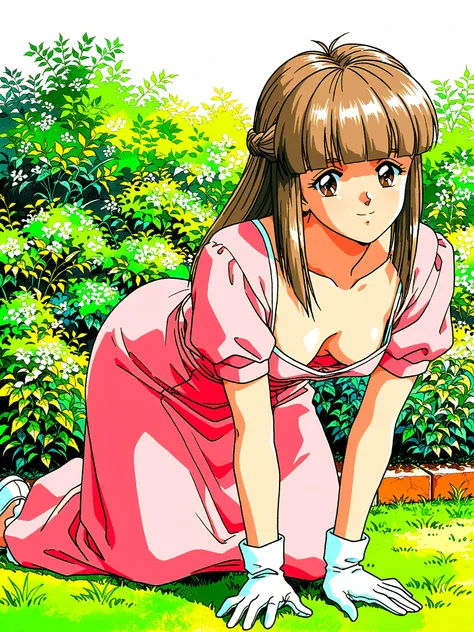 Megumi Mikihara, 1girl ,Alone,gloves, Retro ArtStyle ,1990s (style),brown hair,long hair,dress,bangs,braid,brown eyes,white background,smile,blunt bangs,own hands together,white gloves,simple background,looking at viewer,short sleeves,pink dress,french bra...