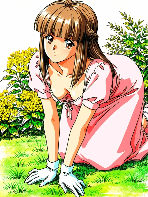 Megumi Mikihara, 1girl ,Alone,gloves, Retro ArtStyle ,1990s (style),brown hair,long hair,dress,bangs,braid,brown eyes,white background,smile,blunt bangs,own hands together,white gloves,simple background,looking at viewer,short sleeves,pink dress,french bra...