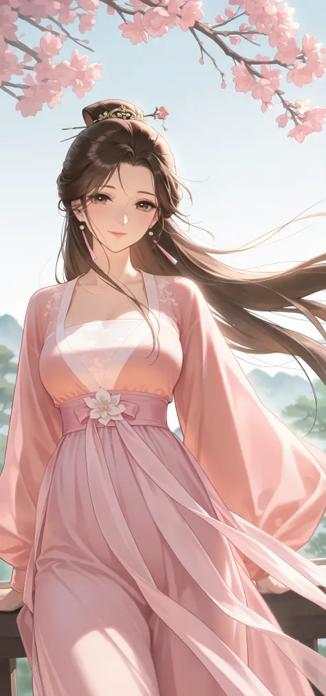 mature female, brown hair, long hair, straight hair, floating hair, hairpin, earrings, florals, wearing long hanfu, hanfu, milf, looking at viewer, smile, soft light, high detailed, best quality, cowboy shot, outdoors, scenery, flower, branch, wind, close-...