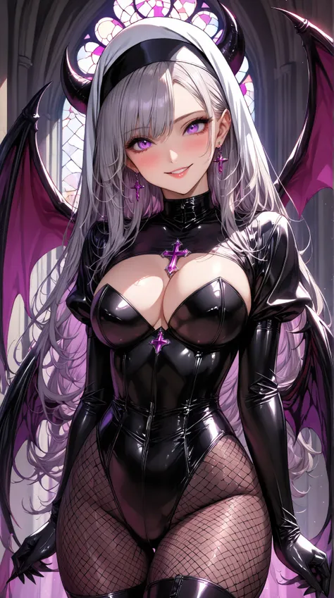 1 mature woman,( Masterpiece, top quality, very detailed depiction, Incredibly Absurd High Resolution ,),(悪魔の角,Devil&#39;s Wings:1.3),( devil and nun fusion , evil ,Nun outfit and bodysuit fusion, Beautifully Detailed Black Latex Nun Leotard Bodysuit,knitt...