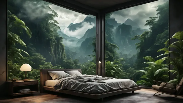 , a bedroom with mountain and forest views, mountainous Forest Scene, Forest Scene,  , like a scene from a blade runner,  ,  magical atmosphere ,  realistic dark painting , In a forest environment ,  pleasant environment Satisfied , Cloud forest ,  beautif...