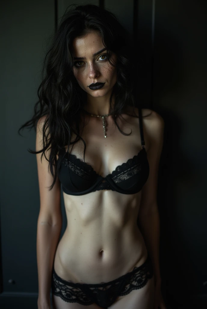 girl, athletic body, look at camera, shoulder length dark wavy hair, pale light skin, black thick makeup, freckles, black solid demon eyes, occult, sexy face, devious smile, sexy, black lingerie, black lace bra, black nylon , succubus, dark room