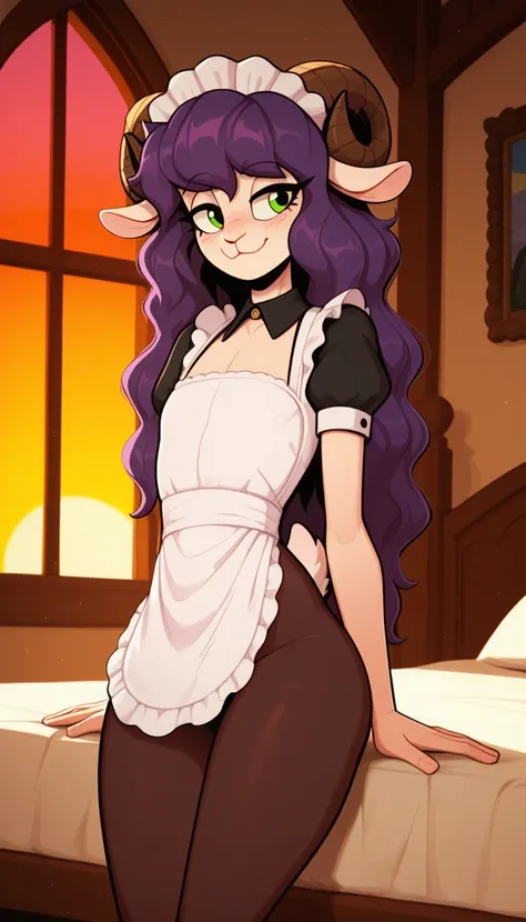  excited expression ,  masterpiece,  gate ,  anthro,   Anthropomorphic ram boy ,  human face , sheep horns ,  light skin  ,  light skin  ,  purple hair ,  green eyes ,  long hair hairstyle ,  disheveled hair , flat chest, (19 years old),  thick thighs,  th...