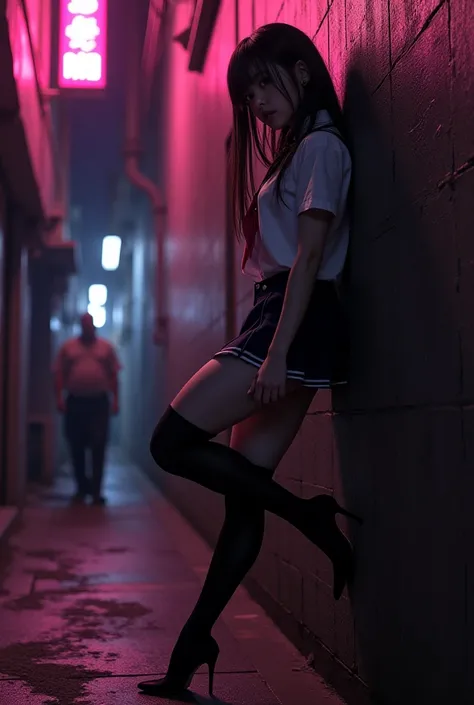 yui kotegawa,school uniform,black tights,super-mini skirt,big-tigh,big butt,long straight hair,lean against the wall,in the narrow street,dirty,night city,pink light,solo fat man