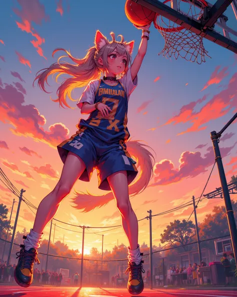 (furry , 1 giraffe girl , petit tits  , ponytail , loose baggy basketball uniform , dunk shoot) , areola , erotica , kawaii anime