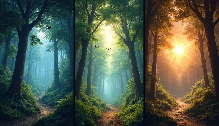 Create a realistic 8K high definition digital image, divided into three parts, one below the other. In the first part, depict a vibrant forest with majestic trees and birds flying, creating a sense of life and movement. In the second part, illustrate a cos...