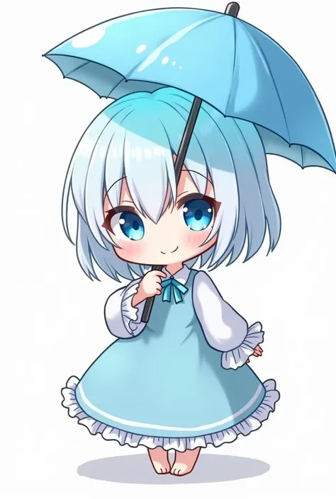 Make an image
A chibi with white hair ,  with big and curious eyes one of them being cyan blue and the other with a hollow pupil or lock she has a transparent living water head that you can see a light blue color on her head like a mushroom ,  the clothes ...