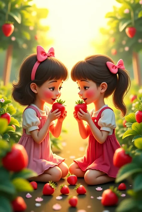 Little sweet girls eating strawberries in strawberry garden