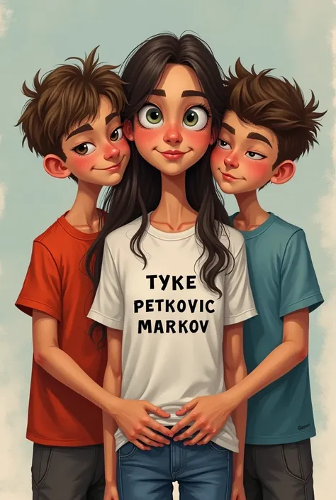 Create a girl that has a boys on both sides who are hugging her on girls shirt it says tyke petkovic markov on one side is a boy that wears a shirt that says dule markov and on the other side he also wears a shirt that says mateja petkovic