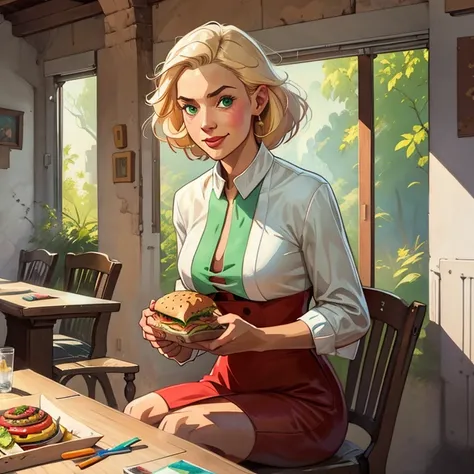 Nina is a 40-year-old woman , Athletic,  short blonde hair , green eyes and beautiful .  she is sitting looking to the left side and smiling. She has a book next to her and a hamburger . the style of the image is drawing ,  Stunning digital illustration , ...