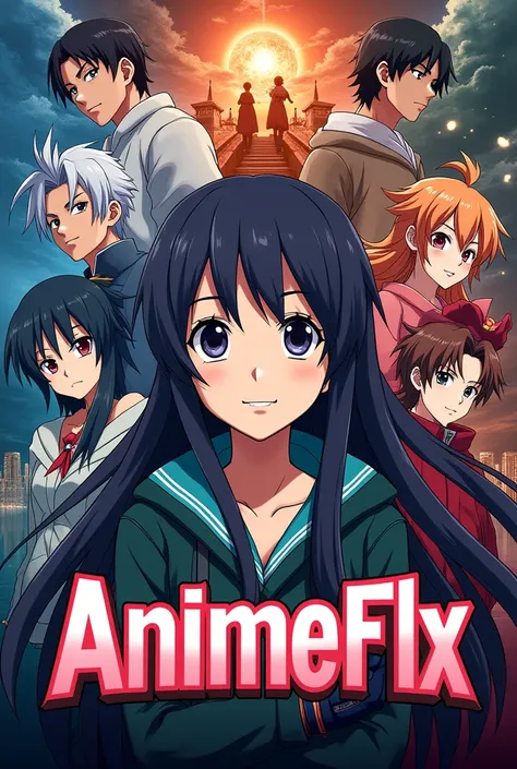 A cover with the written Animeflix logo with a background of some famous animes