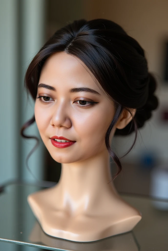 ((a woman Indonesian Beautiful Bride's disembodied head on store display shelf)),severed head, Hair bun, beautiful woman, ((wearing makeup)), detailed skin, eyes closed, ((realistic)), realistic lighting, (best image, best quality)