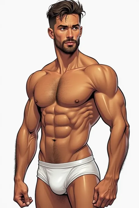  An handsome men in a manga style. The men is very muscle and pretty. He’s totally naked except his underpants. We can see his bulge.the men is brown with a dark white skin. His pits are discovered and hairy. The men is a bit hairy.
He hasn’t beard or must...