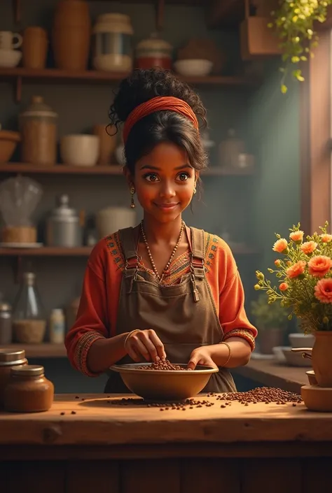 create an image that an ethiopian women with coffee on her workshop surprised by her boyfriend with flowers 