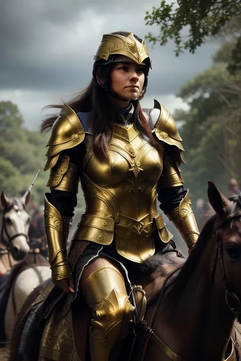 Warrior woman with golden armor detail lead and sword in her hand on a war day cloudy sky enclosed forest with 3 other soldiers on horseback raining down on everything