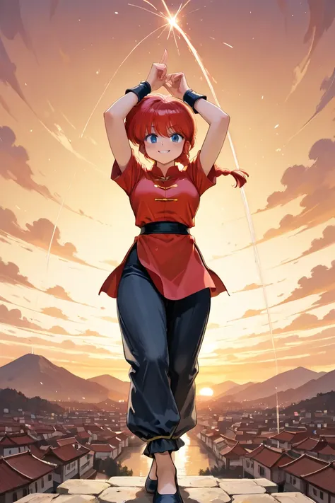 (alone:1.3), a girl\(ranma,    the main character of the anime  \(ranma1/2\), beautiful,sexy, Braided   red hair, Ojos rojos,    Chinese red clothing   ,   smiling,  ranma saotome , Braid,   red hair, single Braid, Braided ponytail, Ojos rojos, pants , Chi...