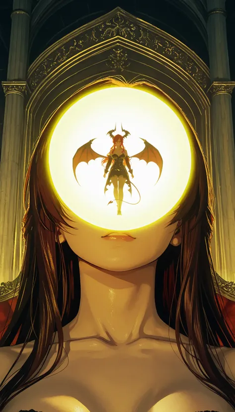 1 demon girl, collarbone,mediaS negraS altaS,ombligo deScubierto,Sin zapatoS,Throne in Hell,Sentada,piernaS cruzadaS,viSto deSde abajo, close,On top,eScaleraS,alaS de murcielago, demon tail,S,  grainy film ,eSpada calvada al lado ,criStalera religioSa,de f...