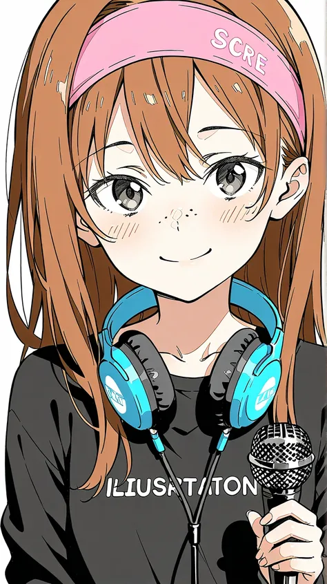 (((masterpiece))), ((best quality)), ((ultra-detailed)), (illustration), (detailed lig ht), (an extremely delicate and beautiful), source_cartoon, source_anime, 1girl, ,perfect eyes, brown hair, pink headband, black eyes, freckles, kirito, 1girl, headphone...