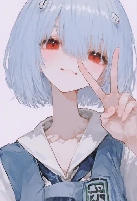      8k wallpaper、   top quality、Cute poster、     top quality、     high detail、     top quality ,      Masterpiece,        748cm style     ,   viewer,  ,        upper body, smile,,     V sign、         Neon Genesis Evangelion 、 Rei Ayanami、    Light Blue Ha...