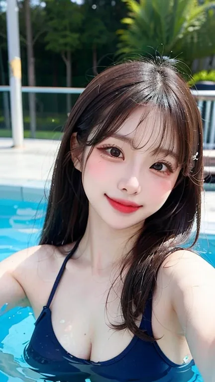   Asian Beauties,    heavy makeup,   red cheeks    , smile,   Masterpiece,         anatomically accurate   ,       blurry background ,  pint 30mm  , In the pool 