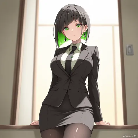 masterpiece, (((( best quality )))),1 girl, Japanese Anime ,,shiny skin, wearing a black suit,skirt suit, black tie , dark hair, short bob hair,The inner color of the hair is green, green eyes,isosceles triangle earrings, black tights,large breasts