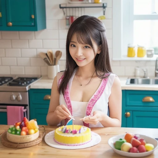 A female cake maker making a huge decorated cake, a side shot of the kitchen, a head-to-knee perspective, a cake with colorful toppings, bright buttercream and fruit decorations, and a warm atmosphere in the kitchen. , brightly lit scene with candy utensil...